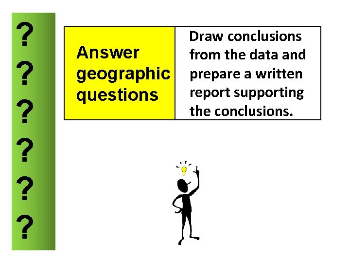 ? ? ? Answer geographic questions Draw conclusions from the data and prepare a