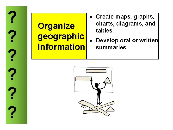 ? ? ? Organize geographic Information Create maps, graphs, charts, diagrams, and tables. Develop