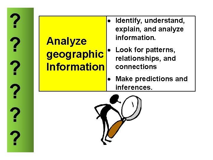 ? ? ? Identify, understand, explain, and analyze information. Analyze geographic Information Look for