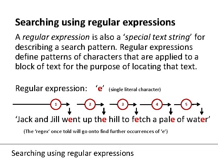 Searching using regular expressions A regular expression is also a ‘special text string’ for