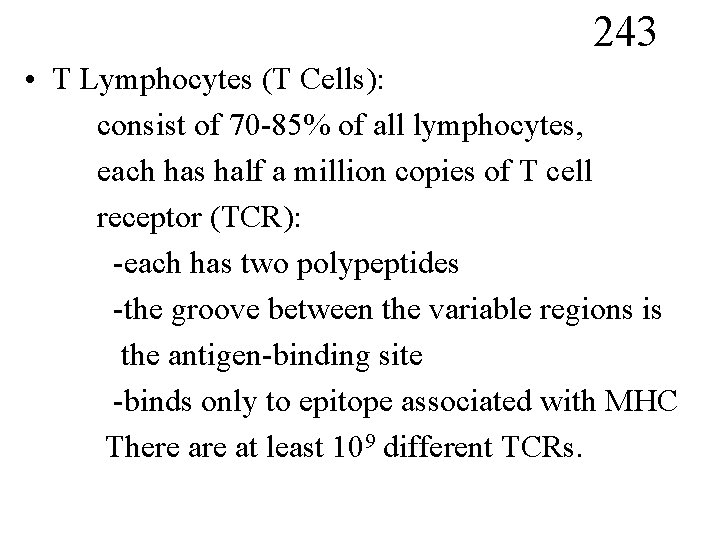243 • T Lymphocytes (T Cells): consist of 70 -85% of all lymphocytes, each