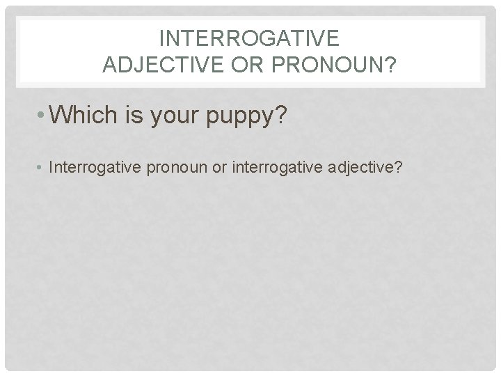 INTERROGATIVE ADJECTIVE OR PRONOUN? • Which is your puppy? • Interrogative pronoun or interrogative