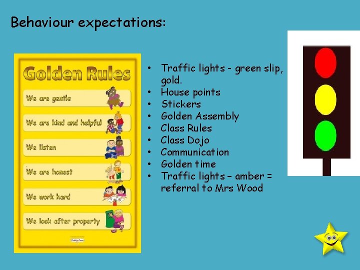 Behaviour expectations: • Traffic lights - green slip, gold. • House points • Stickers