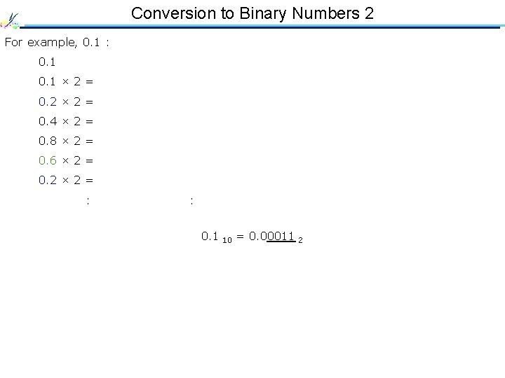 Conversion to Binary Numbers 2 For example, 0. 1 : 0. 1 × 2