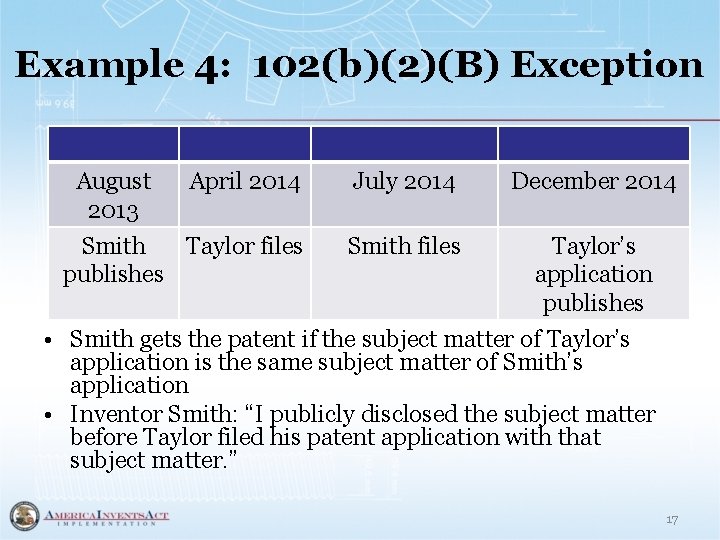 Example 4: 102(b)(2)(B) Exception August 2013 April 2014 July 2014 Smith Taylor files publishes