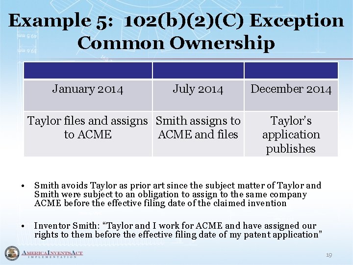 Example 5: 102(b)(2)(C) Exception Common Ownership January 2014 July 2014 Taylor files and assigns