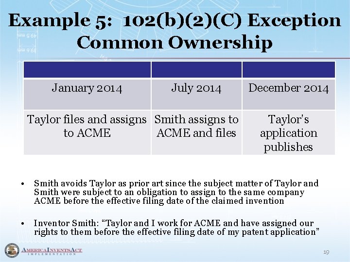 Example 5: 102(b)(2)(C) Exception Common Ownership January 2014 July 2014 Taylor files and assigns