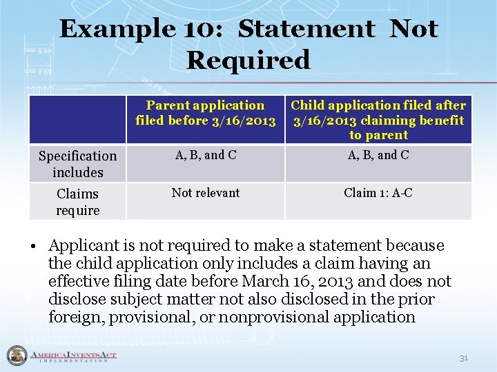 Example 10: Statement Not Required Parent application filed before 3/16/2013 Child application filed after