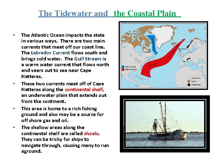 The Tidewater and the Coastal Plain • • The Atlantic Ocean impacts the state The Tidewater and the Coastal Plain • • The Atlantic Ocean impacts the state