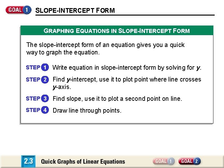 SLOPE-INTERCEPT FORM GRAPHING EQUATIONS IN SLOPE-INTERCEPT FORM The slope-intercept form of an equation gives