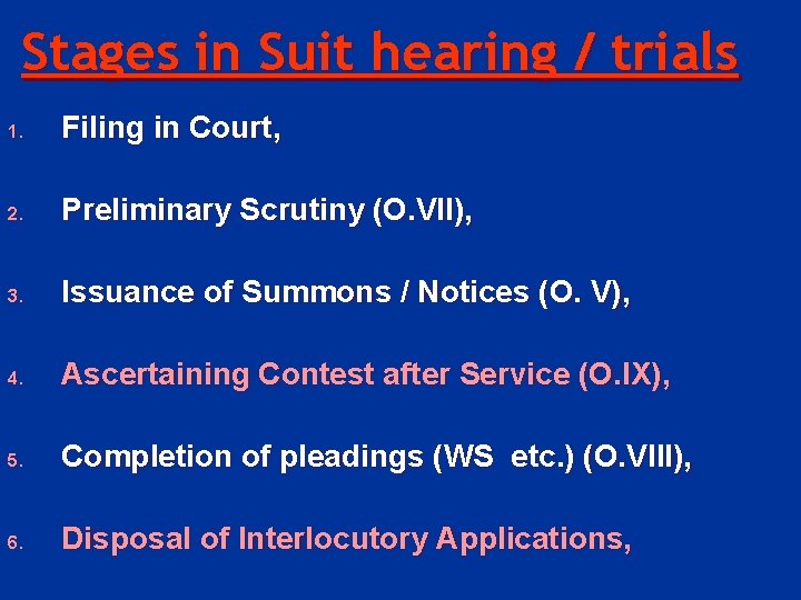 Stages in Suit hearing / trials 1. Filing in Court, 2. Preliminary Scrutiny (O.