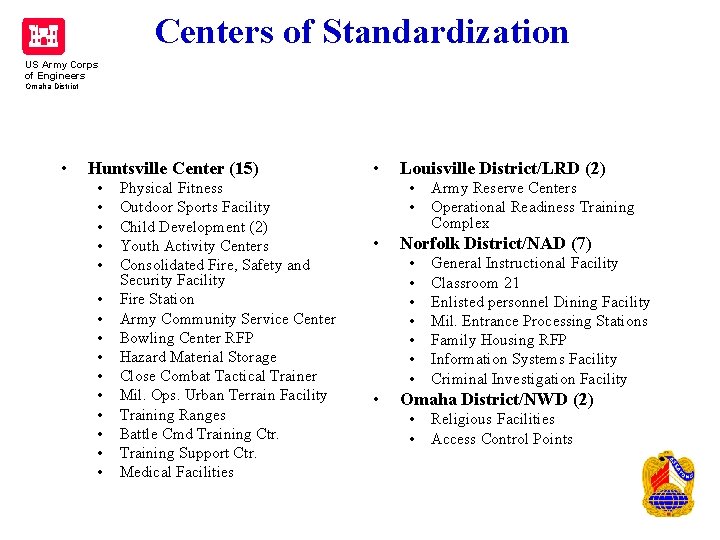 Centers of Standardization US Army Corps of Engineers Omaha District • Huntsville Center (15) Centers of Standardization US Army Corps of Engineers Omaha District • Huntsville Center (15)