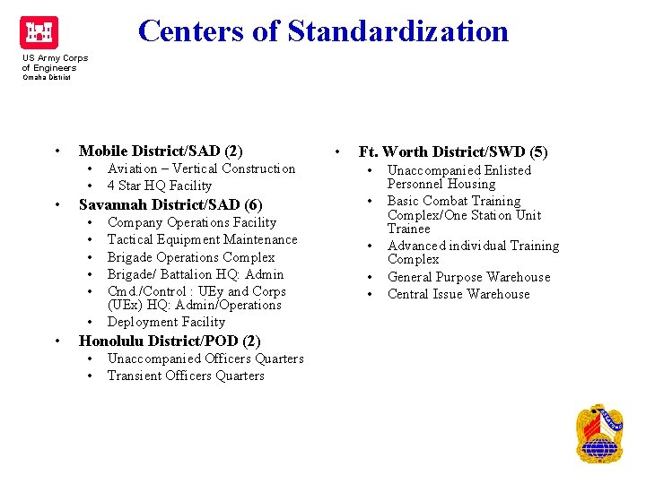 Centers of Standardization US Army Corps of Engineers Omaha District • Mobile District/SAD (2) Centers of Standardization US Army Corps of Engineers Omaha District • Mobile District/SAD (2)