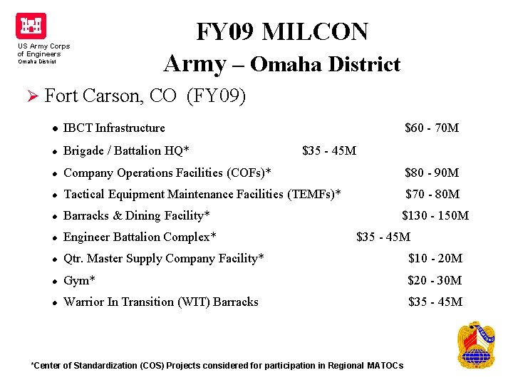 US Army Corps of Engineers Omaha District FY 09 MILCON Army – Omaha District US Army Corps of Engineers Omaha District FY 09 MILCON Army – Omaha District