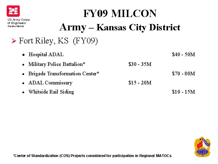 US Army Corps of Engineers Omaha District FY 09 MILCON Army – Kansas City US Army Corps of Engineers Omaha District FY 09 MILCON Army – Kansas City