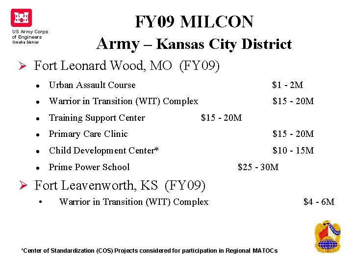 US Army Corps of Engineers Omaha District FY 09 MILCON Army – Kansas City US Army Corps of Engineers Omaha District FY 09 MILCON Army – Kansas City