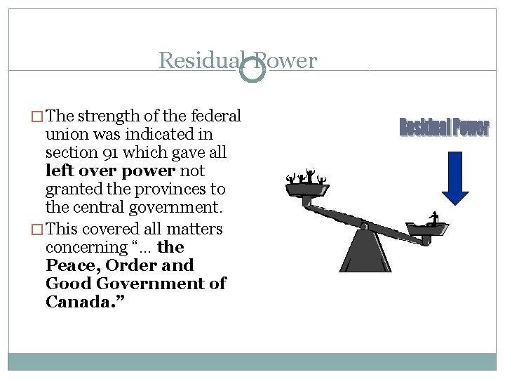 Residual Power � The strength of the federal union was indicated in section 91