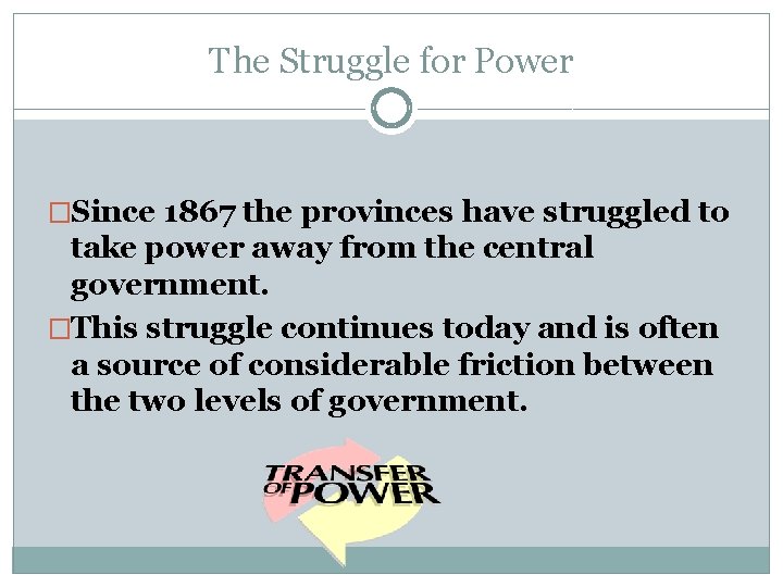 The Struggle for Power �Since 1867 the provinces have struggled to take power away