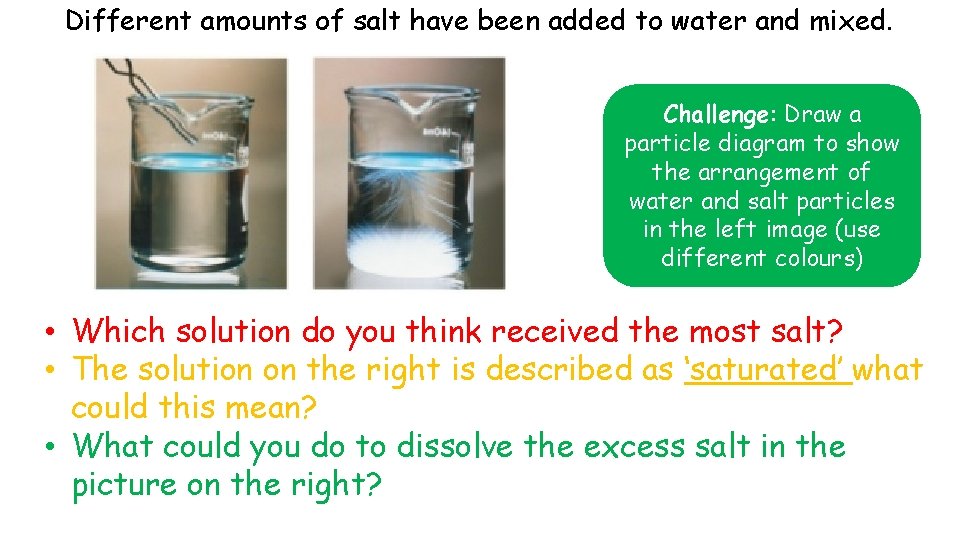 Different amounts of salt have been added to water and mixed. Challenge: Draw a