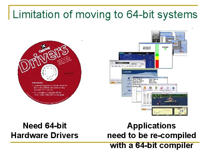 Limitation of moving to 64 -bit systems Need 64 -bit Hardware Drivers Applications need