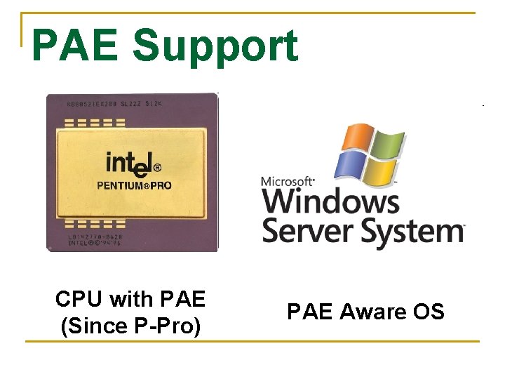 PAE Support CPU with PAE (Since P-Pro) PAE Aware OS 