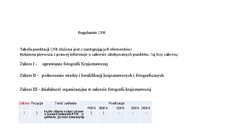 Regulamin OFK Tabela punktacji OFK złożona jest z następujących elementów: Kolumna pierwsza z prawej