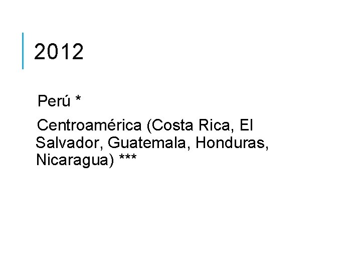 2012 Perú * Centroamérica (Costa Rica, El Salvador, Guatemala, Honduras, Nicaragua) *** 