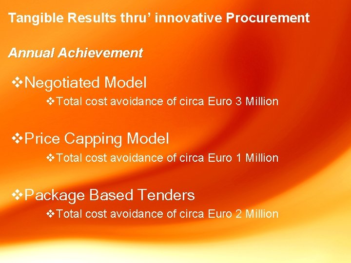 Tangible Results thru’ innovative Procurement Annual Achievement v. Negotiated Model v. Total cost avoidance