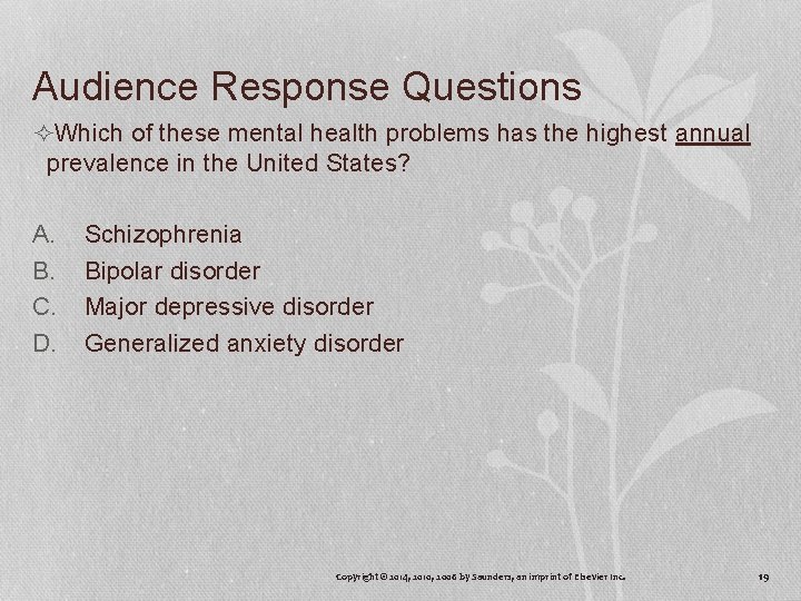 Audience Response Questions ²Which of these mental health problems has the highest annual prevalence