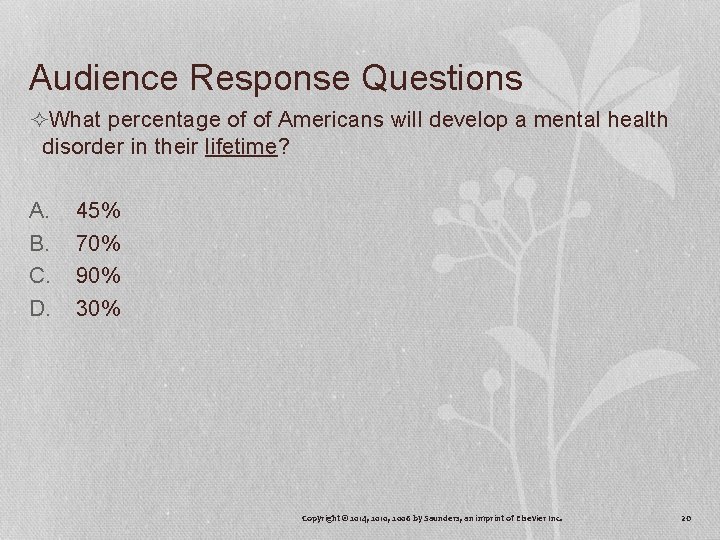 Audience Response Questions ²What percentage of of Americans will develop a mental health disorder