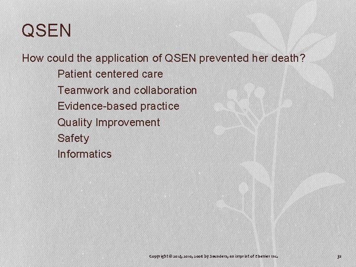QSEN How could the application of QSEN prevented her death? Patient centered care Teamwork QSEN How could the application of QSEN prevented her death? Patient centered care Teamwork