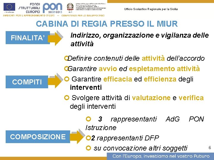 Ufficio Scolastico Regionale per la Sicilia CABINA DI REGIA PRESSO IL MIUR Indirizzo, organizzazione