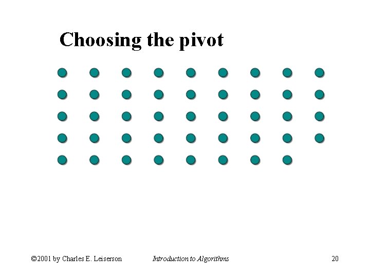 Choosing the pivot © 2001 by Charles E. Leiserson Introduction to Algorithms 20 