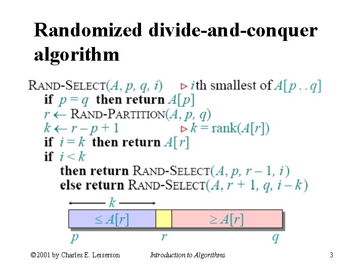 Randomized divide-and-conquer algorithm © 2001 by Charles E. Leiserson Introduction to Algorithms 3 