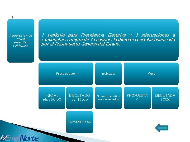 5 Adquisición de grúas canastillas y vehículos. 1 vehículo para Presidencia Ejecutiva y 3