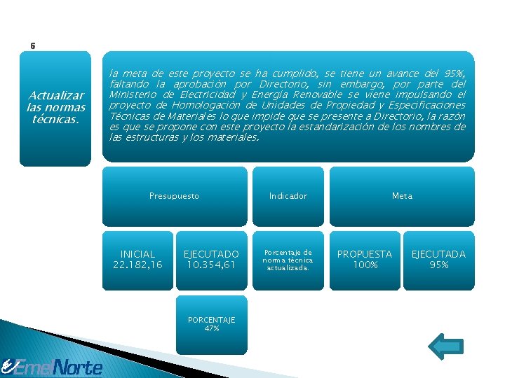 6 Actualizar las normas técnicas. la meta de este proyecto se ha cumplido, se