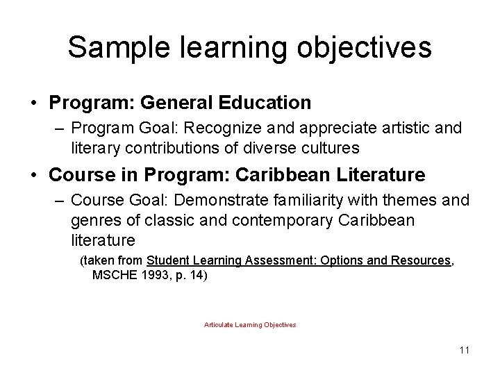 Sample learning objectives • Program: General Education – Program Goal: Recognize and appreciate artistic
