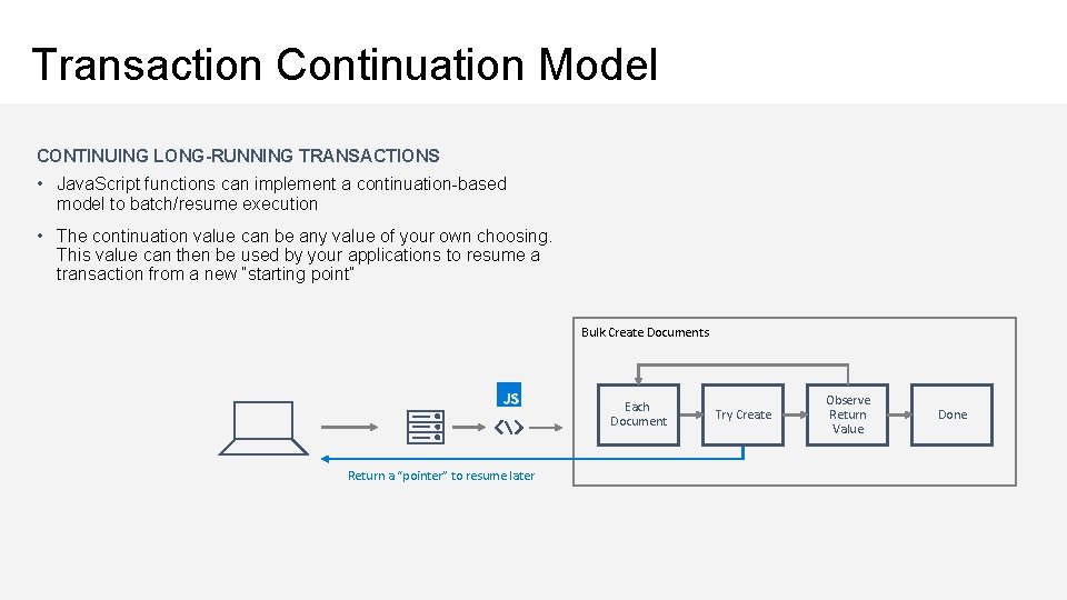 Transaction Continuation Model CONTINUING LONG-RUNNING TRANSACTIONS • Java. Script functions can implement a continuation-based
