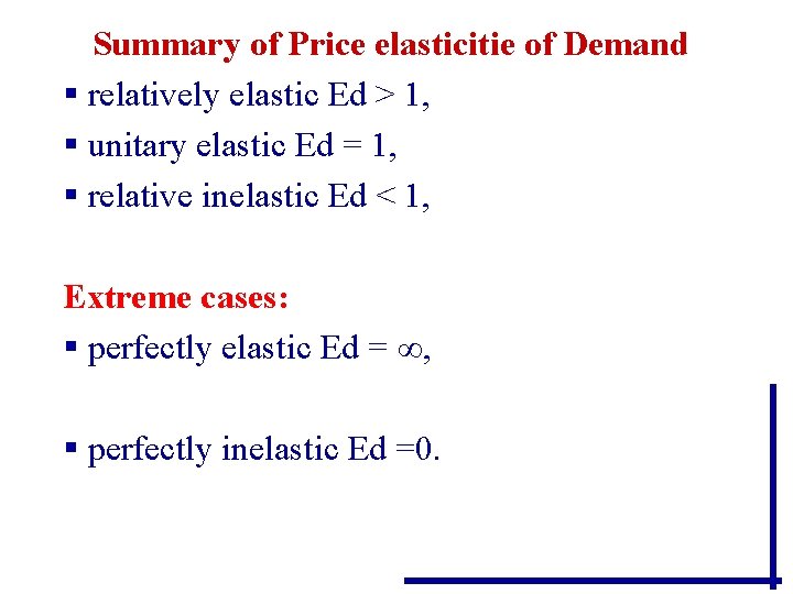 Summary of Price elasticitie of Demand § relatively elastic Ed > 1, § unitary Summary of Price elasticitie of Demand § relatively elastic Ed > 1, § unitary