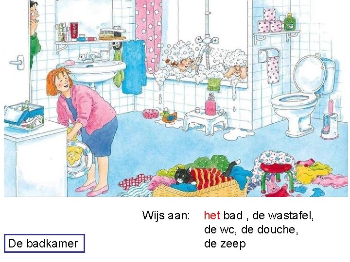 Wijs aan: De badkamer het bad , de wastafel, de wc, de douche, de