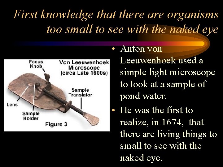 First knowledge that there are organisms too small to see with the naked eye