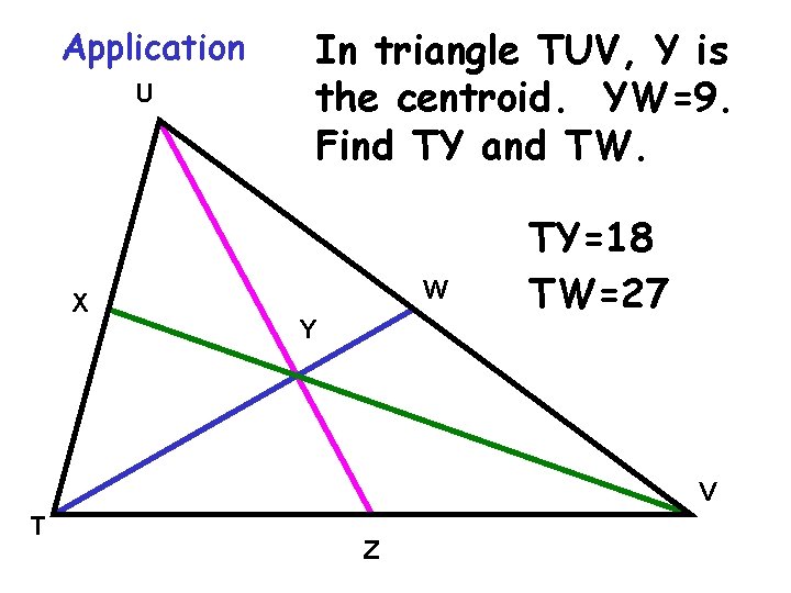 Application U X In triangle TUV, Y is the centroid. YW=9. Find TY and