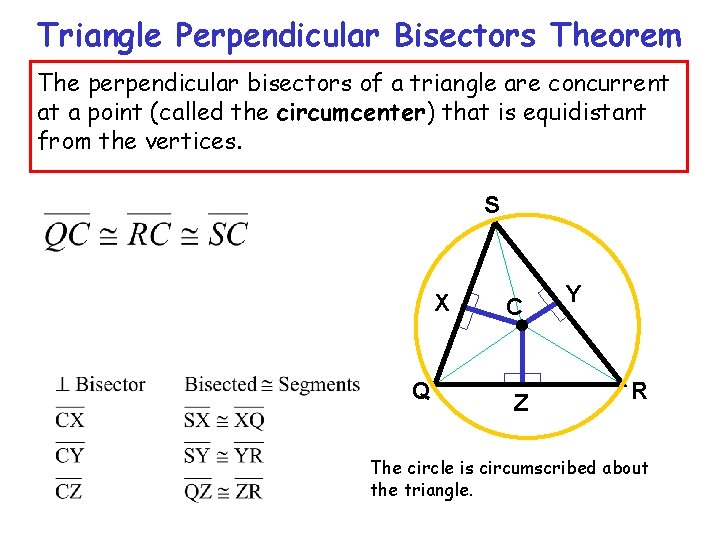 Triangle Perpendicular Bisectors Theorem The perpendicular bisectors of a triangle are concurrent at a