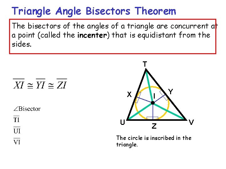 Triangle Angle Bisectors Theorem The bisectors of the angles of a triangle are concurrent