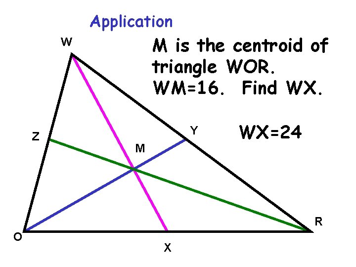 Application M is the centroid of triangle WOR. WM=16. Find WX. W Z Y