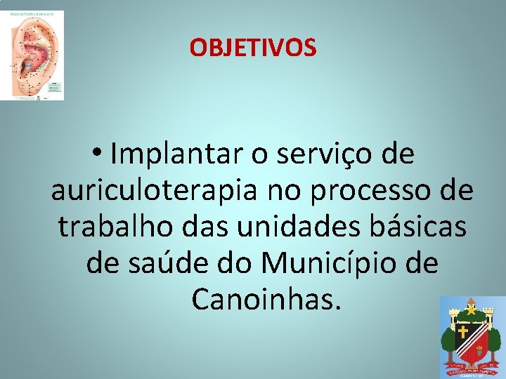 OBJETIVOS • Implantar o serviço de auriculoterapia no processo de trabalho das unidades básicas