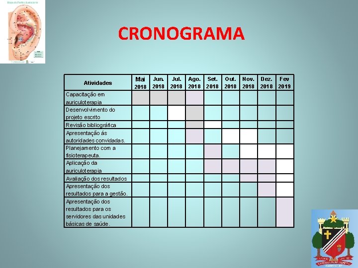 CRONOGRAMA Atividades Capacitação em auriculoterapia Desenvolvimento do projeto escrito Revisão bibliográfica Apresentação ás autoridades