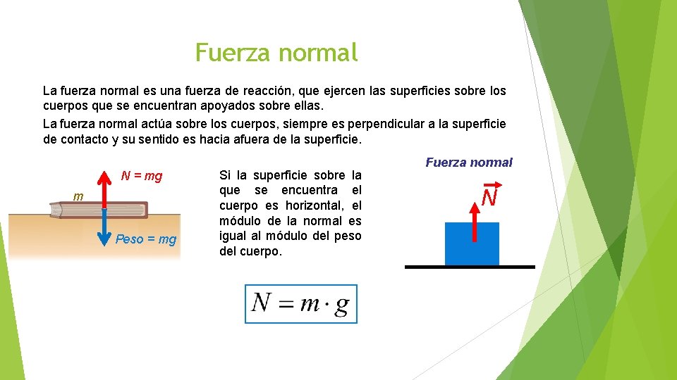 Fuerza normal La fuerza normal es una fuerza de reacción, que ejercen las superficies