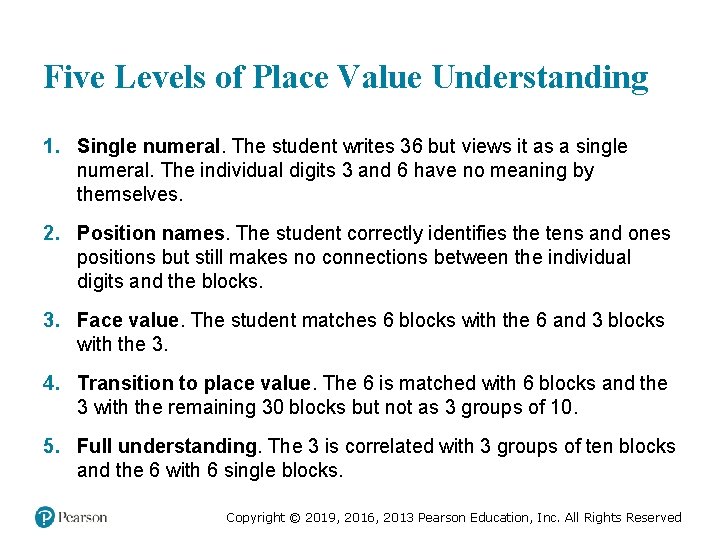 Five Levels of Place Value Understanding 1. Single numeral. The student writes 36 but