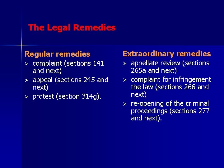 The Legal Remedies Regular remedies Ø Ø Ø complaint (sections 141 and next) appeal